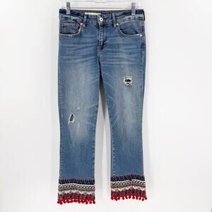 Pilcro Anthropologie 27 Boho Embroidered Hem Jeans Distressed Pom Trim